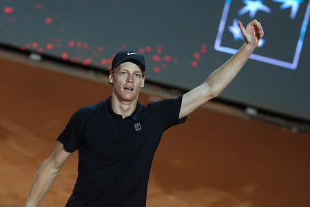 Men's Semifinal, Men's Singles, Jannik Sinner (ITA) in action during his match against Tommy Paul (USA) at the Internazionali BNL d'Italia 2025, part of the ATP Masters 1000 circuit, held at Foro Italico in Rome. Final result match: Jannik Sinner 2 Tommy Paul 1. (1-6, 6-0, 6-3)