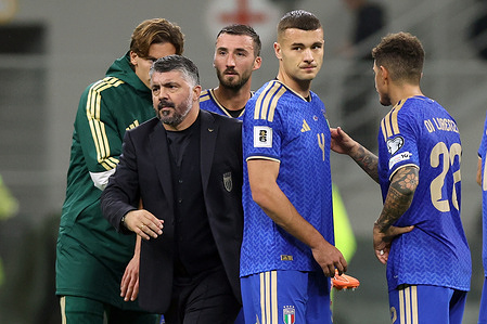 (L) Gennaro Gattuso coach (C) Cristante, (R) Alessandro Buongiorno of Italy seen in action during the match between Italy and Norway, Group I, valid for the European qualifiers for the 2026 FIFA World Cup, at Giuseppe Meazza - San Siro stadium. Final scores; Italy 1-4 Norway.
