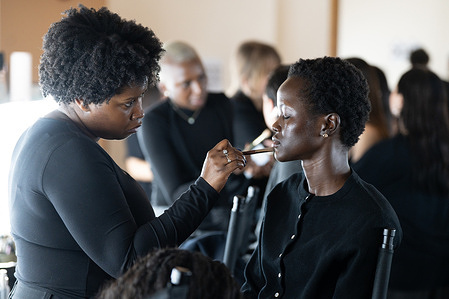 Backstage at the Mithridate show during London Fashion Week February 2026 at the Tate Britain
