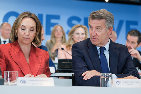 Cuca Gamarra, member of the Congress of Deputies of Spain and the President of the Spanish People's Party Alberto Nuñez Feijoo, during a meeting of the National Executive Committee, at the headquarters of the People's Party.