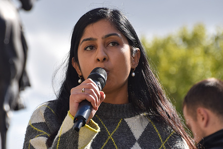 Zarah Sultana, MP (Member of Parliament) for Coventry South, gives a speech during a rally against the far right in Whitehall. Protesters marched against racism, fascism and the far right and in support of migrants as far-right protesters staged their own 'Unite The Kingdom' march and rally.