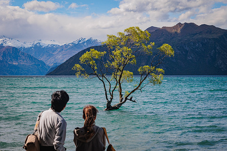 Tourists seen enjoying the view of "That Wanaka Tree" which is the nickname of a willow tree located at the southern end of Lake Wanaka. The tree grows alone in the water.