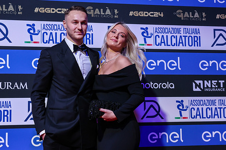 (R-L) Teun Koopmeiners with his partner Rosa Schmidt seen on the Red Carpet during the Gran Galà del Calcio 2024 Oscar del Calcio Awards AIC at Superstudio Maxi.