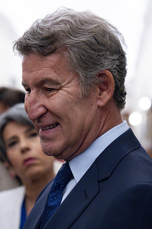 Alberto Nunez Feijoo, President of the People's Party (PP), speaks with the journalists at the Spanish Congress of Deputies during the plenary session.
