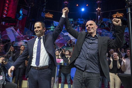 Benoit Hamon and Yanis Varoufakis seen during a meeting of political party Generation.s at the Cirque d'Hiver in Paris.