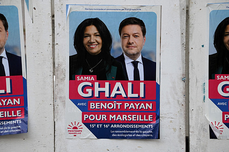 Posters of Samia Ghali (L) and the outgoing mayor Benoit Payan (R), candidate for the "Printemps Marseillais" coalition in the municipal elections seen in the city. The 2026 municipal elections will take place on March 15 and 22, 2026