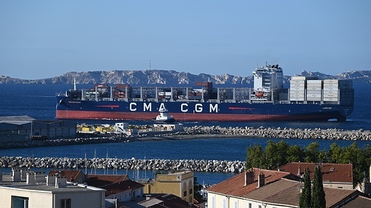 View of the container ship, Wisdom of the company CMA CGM arriving at the French Mediterranean port.