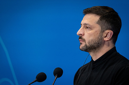 Ukrainian President Volodymyr Zelensky addresses a press conference at Ukraine Recovery Conference 2025 (URC2025) at the Roma Convention Centre “La Nuvola”.