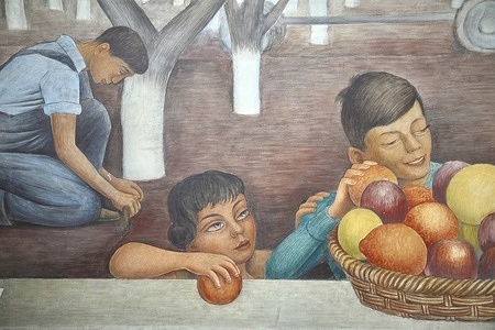 A detail from Still Life and Blossoming Almond Trees, a mural by Mexican Artist Diego Rivera, exhibited at Stern Hall, an all-female residence hall at the University of California, Berkeley, USA.