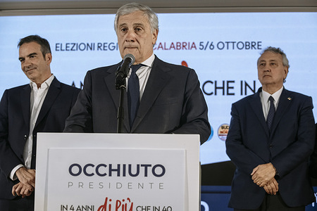 Newly elected Governor Roberto Occhiuto (L) and Deputy Prime Minister Antonio Tajani (C) seen on stage. . The centre-right wing party Forza Italia (FI) won as first party in the regional elections in Calabria with 18% votes. Roberto Occhiuto (FI), was re-elected as the Governor of Calabria region. He celebrated with Deputy Prime Minister, Minister for Foreign Affairs Antonio Tajani (FI) and party members at Hotel Marechiaro.