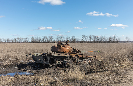 View of a destroyed and burnt-out Russian tank on the outskirts of Kharkiv, the scene of intense fighting between Russian and Ukrainian forces.