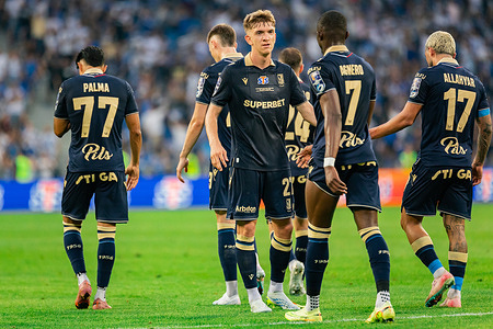 (L to R) Luis Palma, Wojciech Monka, Yannick Agnero, Allahyar Sayyadmanesh of Lech celebrate a goal during the Polish Super Cup 2026 match between Lech Poznan and Gornik Zabrze at Enea Stadium Poznan. Final score; Lech Poznan 3:1 Gornik Zabrze.