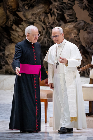Pope Leo XIV meets members of the international media in the Paul VI Hall.
