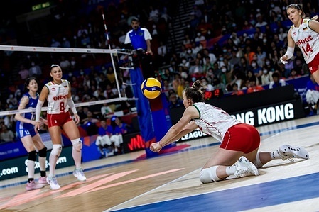 Maria Yordanova (#5) of Bulgaria seen in action during the preliminary match of FIVB Volleyball Nations League Hong Kong 2023 between Bulgaria and China at Hong Kong Coliseum. Final score; Bulgaria 1:3 China.