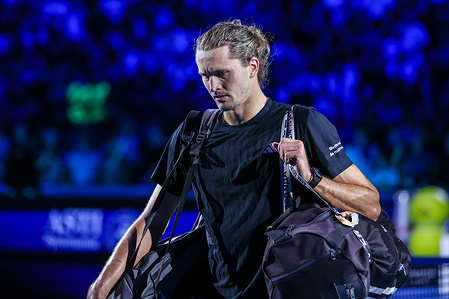 Alexander Zverev of Germany seen during the Men's Singles Group Stage match against Felix Auger-Aliassime of Canada (not in view) on day six of the Nitto ATP Finals 2025 at Inalpi Arena. Final score; Alexander Zverev4 - 6 | 6 - 7 Felix Auger-Aliassime