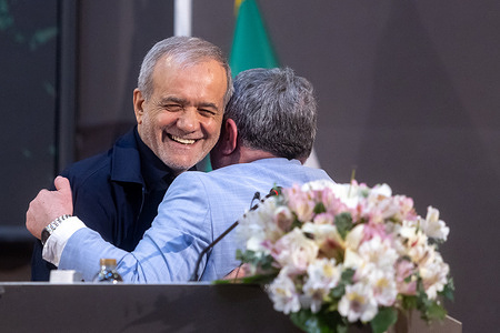 Iranian President Masoud Pezeshkian is seen during a gathering of public relations officials in Tehran.