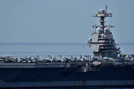 View of the aircraft carrier USS Gerald R. Ford arriving in Marseille.