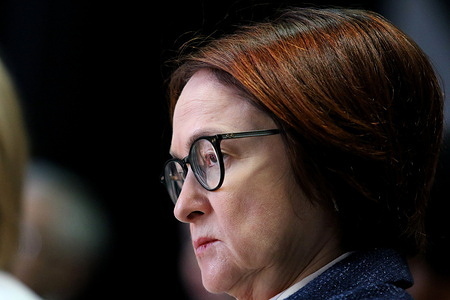 Elvira Nabiullina, Chairman of the Bank of Russia seen during the session What determines the loan offer? of the Financial Congress of the Bank of Russia at The new stage of the Alexandrinsky Theater.