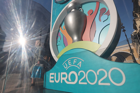 Logo of UEFA Euro 2020 at a countdown clock to the tournament.