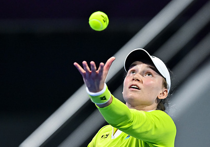 Elena Rybakina of Kazakhstan plays against Victoria Mboko of Canada during their quarterfinal match at the WTA Qatar TotalEnergies Open 2026 tennis tournament at the Khalifa International Tennis Complex. Victoria Mboko won against Elena Rybakina 7-4.4-6,6-4.  