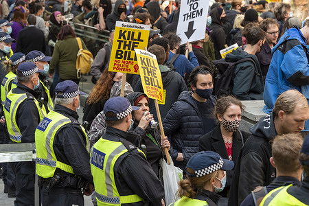 Police watch protesters outside the Home Office during a demonstration against Home Secretary, Priti Patel in a ‘Kill The Bill’ protest in London one of 40 protests arranged across the UK.
The protest is against the police, crime, sentencing and courts bill which would grant the police a range of new discretionary powers to shut down protests.