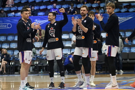 Ivan Ukhov (7), Aleksa Avramovic (4), Alexander Gankevich (5) of CSKA seen in action during the VTB United League basketball matchm Playoffs finals 5 match between Zenit Saint Petersburg and CSKA Moscow at "kck Arena". Final score Zenit 84 : 89 CSKA.