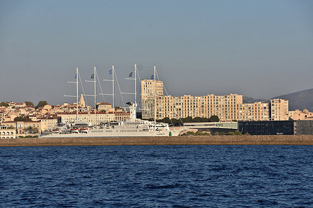 The passenger cruise ship Club Med 2 is docked at the French Mediterranean port of Marseille.