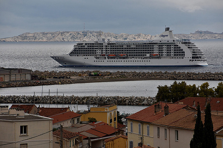 The liner Seven Seas Voyager cruise ship arrives at the French Mediterranean port of Marseille.