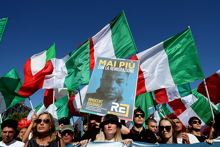 Young people display signs against illegal immigration.
Far-right participants from across Italy march in the Prati neighborhood during the demonstration organized by the "Remigration and Reconquest" committee. The march, which began in the afternoon from Piazza della Libertà, crossed Via Cola di Rienzo, and ended in Piazza Risorgimento. The event was organized in support of a popular initiative bill on remigration.