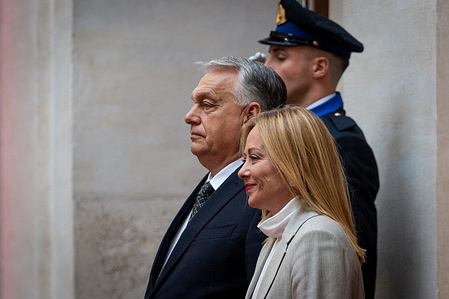 Italian Prime Minister Giorgia Meloni receives the Prime Minister of Hungary, Viktor Orbán at Palazzo Chigi in Rome.