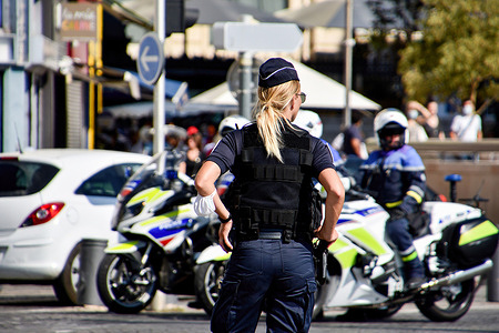 A policewoman stand on guard during the visit of French President Emmanuel Macron in Marseille.
French President Emmanuel Macron is in Marseille from September 1-3, 2021.