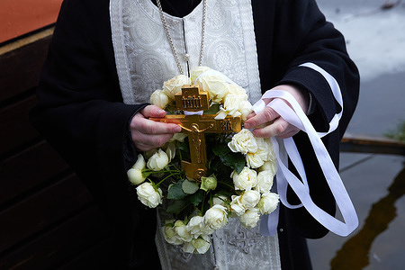 Wreath of flowers used during the blessing at Dnieper River. Orthodox Epiphany celebration on the Dnieper River in the city of Kyiv.