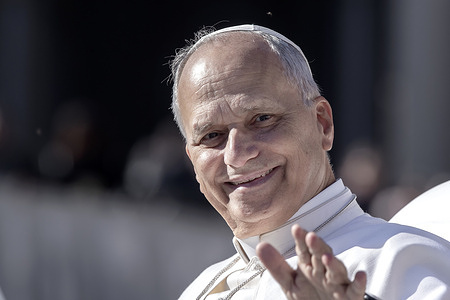Pope Leo XIV waves as he arrives for a Jubilee Audience at St. Peter's square, Vatican.