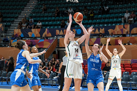 (L-R) Egle Sventoraite 14 (LTU) and Ivana Raca 1 (SRB) are seen in action during the Group B match between Lithuania vs Serbia at the FIBA Women's EuroBasket 2025, held at PalaDozza. Final Score; Lithuania national team 74: 63 Serbia.
