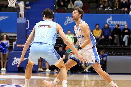 Nenad Dimitrijevic (23) of Zenit, and Aleksandr Kuznetsov (3) of Samara in action during the VTB United League basketball match, Regular Season, between Zenit Saint Petersburg and Samara Samara region at "kck Arena", in the Saint Petersburg, Russia. Final score; Zenit 97:56 Samara Samara region.