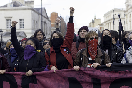 Counter protesters seen holding a banner while shouting slogans against the 'Brexit Betrayal March'.

Thousands of people took to the streets in central London to march against the 'Brexit Betrayal March' organised by Tommy Robinson and UKIP. Counter Protesters made their way from Portland Place to Whitehall, where speakers addressed the crowd. During the counter demonstration, there was a strong police presence. A group of counter protesters, who became separated from the main protest, were corralled by police to avoid an encounter with a group of Tommy Robinson / UKIP supporters.