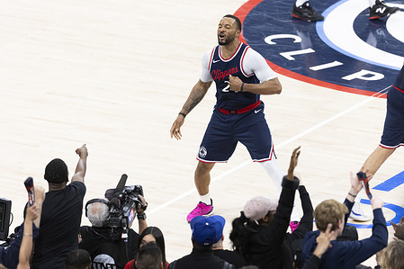 Los Angeles Clippers' Norman Powell #24 celebrates his 3-pointer against the Denver Nuggets during the Game 6 of an NBA basketball first-round playoff series basketball game at Intuit Dome. Final score; Los Angeles Clippers 111:105 Denver Nuggets