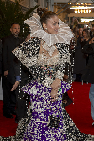 New York, United States - 05/05/2025 16:55:58: Natasha Poonawalla wearing Manish Malhotra departs the Pierre Hotel for 2025 Met Gala in New York City.