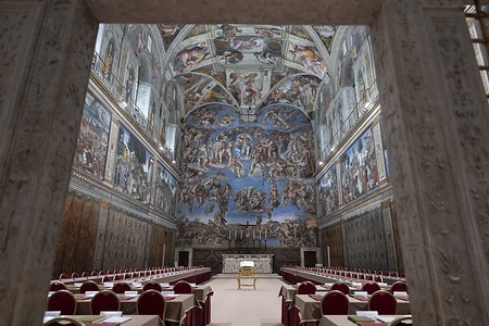 Inside view of the Sistine Chapel on the eve of the Conclave in Vatican City. On May 7, 133 cardinals will enter the Sistine Chapel to begin the Papal Conclave to elect the new leader of the Catholic Church.
