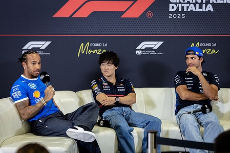Lewis Hamilton, Yuki Tsunoda and Carlos Sainz attend the press conference during Formula One Italian Grand Prix.