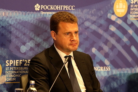 Alexey Chekunkov, Minister of the Russian Federation for the Development of the Far East and the Arctic seen during the Regional Development in Russia: Public-Private Partnerships to Achieve National Goals session of the XXVIII St. Petersburg International Economic Forum at the Expoforum Convention and Exhibition Center.