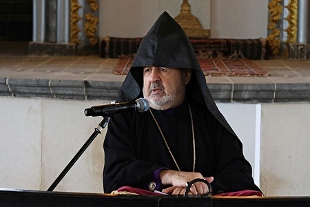 Aram Atesyan, former patriarchal vicar of the Armenian community in Turkey, is seen speaking after service. Easter was celebrated at Surp Giragos Church in city of Diyarbakir in Turkey, the largest Armenian church in the Middle East. The celebratory service held at the church was led by clergymen assigned from Istanbul. Very few Armenians live in Diyarbakir today.