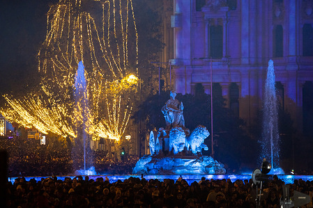 The illuminated statue of the Goddess Cibeles. During the lighting of nearly 13 million Christmas lights installed by the Madrid City Council in the Spanish capital.