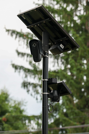A Flock Safety camera is seen on a pole in East Berwick, Pennsylvania. Flock Safety cameras are automated license plate recognition (ALPR) cameras which are installed in fixed locations and are used as part of a mass surveillance system to identify and track passing vehicles.