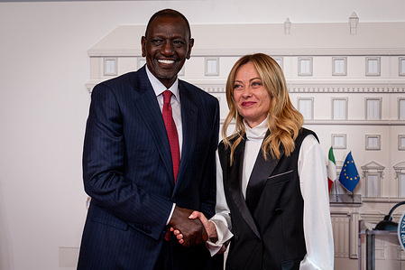 Italian Prime Minister Giorgia Meloni and the President of Kenya, William Ruto seen during a press conference after the meeting at Palazzo Chigi.