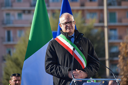 Jubilee 2025 Special Commissioner and Mayor Roberto Gualtieri speak during the ceremony for the dedication of Ponte dell'Industria to Saint Francis of Assisi.