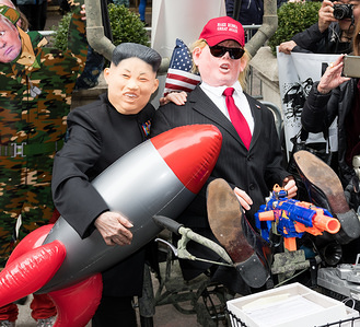 "Trump’s Grand Military Parade" was the theme of New York City's 33rd Annual Aprils Fools Day Parade and 2nd Annual "Trumpathon". Characters featured in the parade included Donald Trump, Kim Jong-un, and Vladimir Putin. The parade took place on Fifth Avenue in Manhattan.