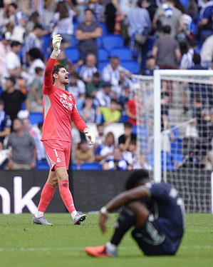 Thibaut Courtois of Real Madrid CF celebrates the win after the La Liga EA Sports match between Real Sociedad and Real Madrid at the Reale Arena. Final Score Real Sociedad 1 : 2 Real Madrid