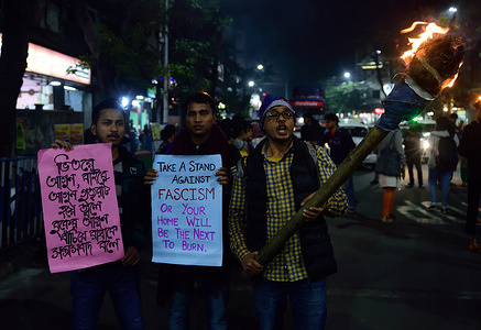 Students hold placards during the demonstration.
Protest against the attack by Akhil Bharatiya Vidyarthi Parishad (ABVP) on the students of Jawaharlal Nehru University (JNU) in Delhi on the night of 5th January.