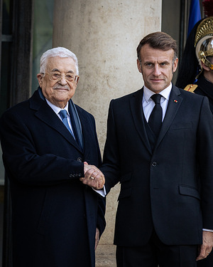 The French President Emmanuel Macron (R) shakes hands with Mahmoud Abbas (L), the President of the State of Palestine during the meeting. The French President Emmanuel Macron met with the President of the State of Palestine Mahmoud Abbas at the Elysée Presidential Palace, in Paris. This was the first visit of the Palestine President since France recognized the State of Palestine.